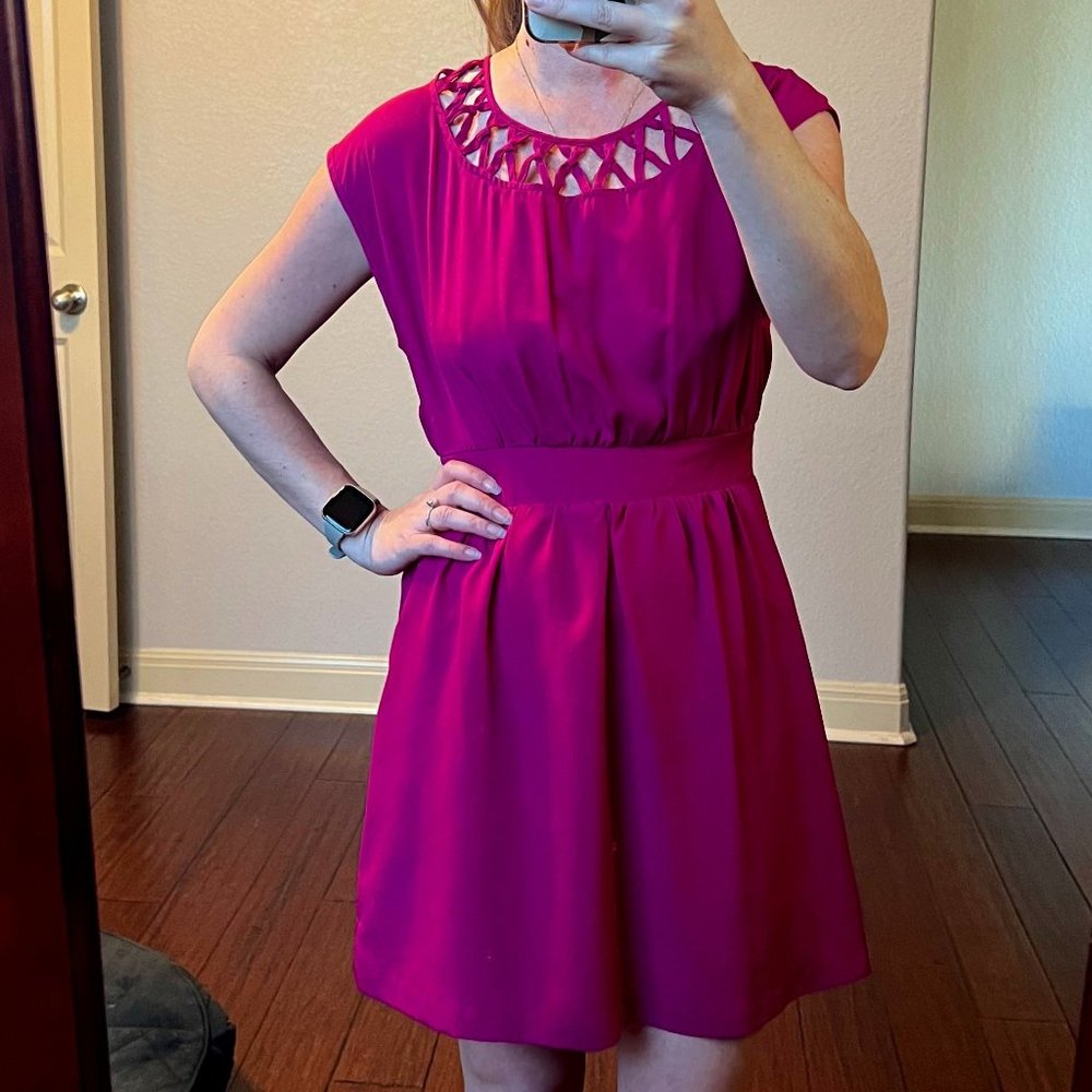 Fuchsia Knee Length Dress with Geometric Neckline